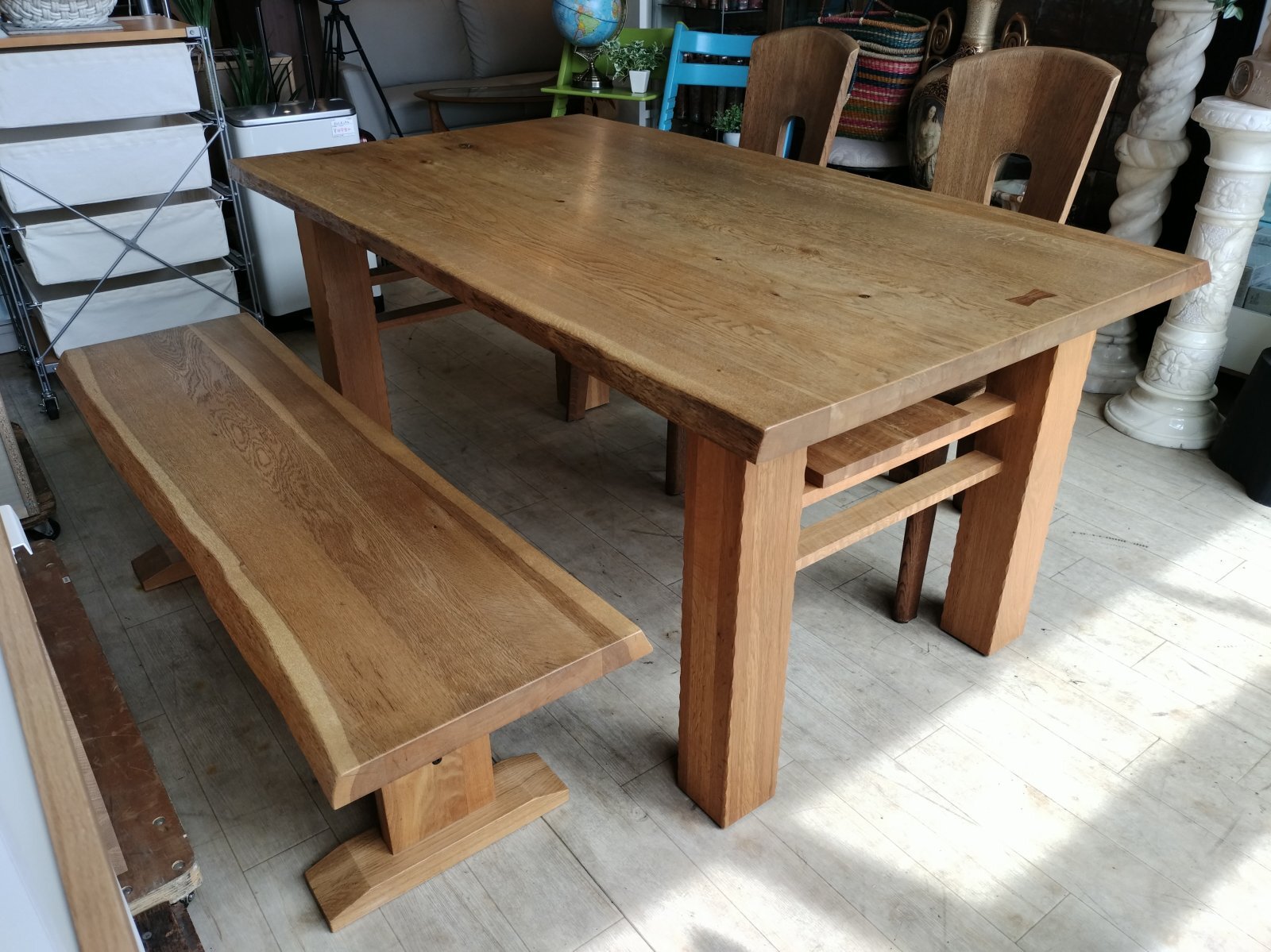 画像1: 【愛知近郊・配送可】無垢 テーブル4点セット ダイニングテーブル 幅150cm×奥行87.5cm×高さ68.5cm イス2脚 ベンチ付